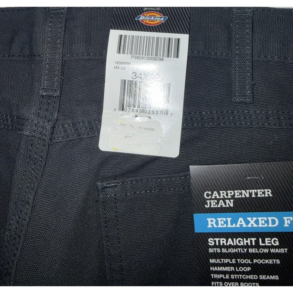 NWT Dickies Carpenter Jeans Mens 34x32 Relaxed Fit Straight Leg Work Black